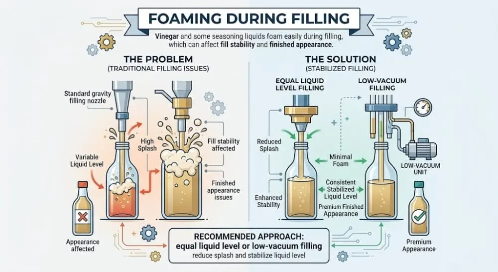 Anti-foam filling schematic for vinegar and foaming condiment bottling