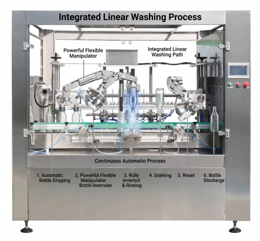 Automatic bottle gripping inversion rinsing and reset on ZQSP Series bottle washer