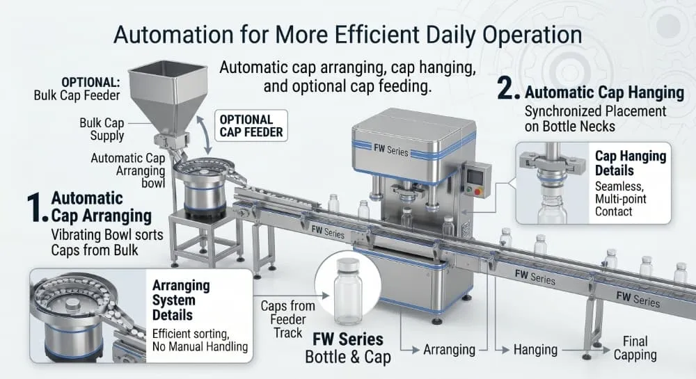 Automatic cap arranging and cap hanging system for FW Series ROPP capping machine