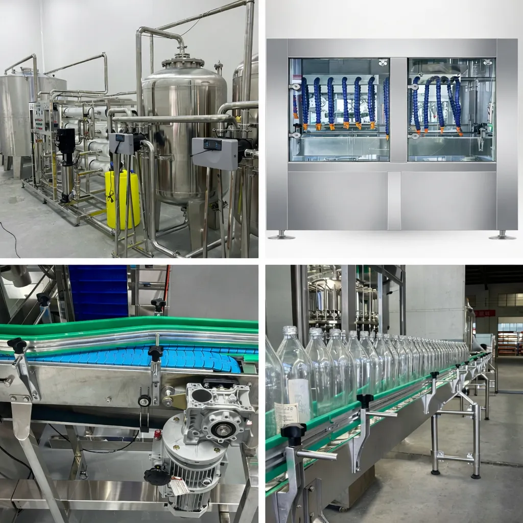 Auxiliary equipment including conveyor systems, water treatment, air drying, and coding