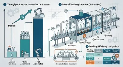 Bottle washing flow schematic for continuous rinsing and controlled bottle handling