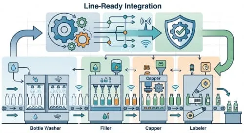 Bottle washing line integration schematic with filling capping drying and labeling