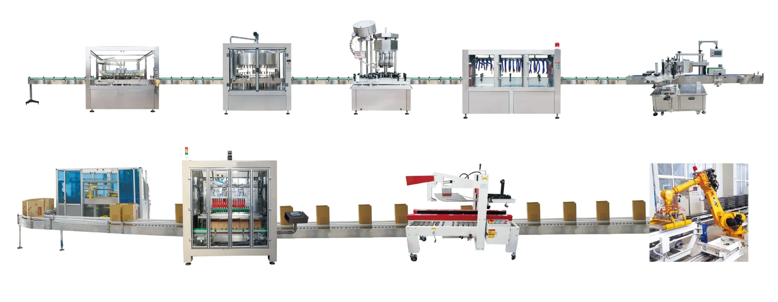 Bottled product line layout integrating rinsing filling capping labeling cartoning sealing and palletizing
