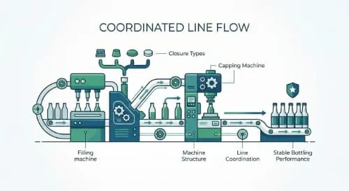 Bottling line flow schematic for closure matching and coordinated machine operation