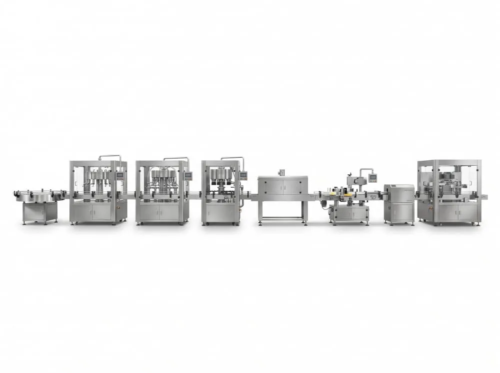Common bottling line equipment including rinsing filling capping labeling and packing machines