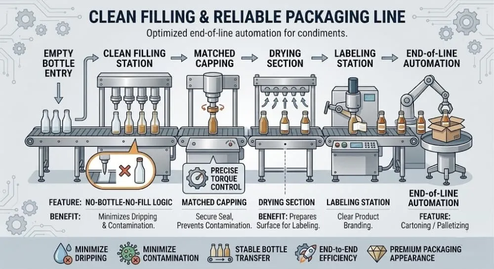 Condiment packaging schematic for clean filling stable transfer and end-of-line handling