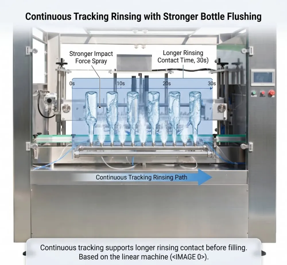 Continuous tracking rinsing process on ZQSP Series linear bottle washer
