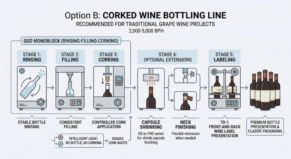 Corked wine bottling line schematic for rinsing filling corking and finishing