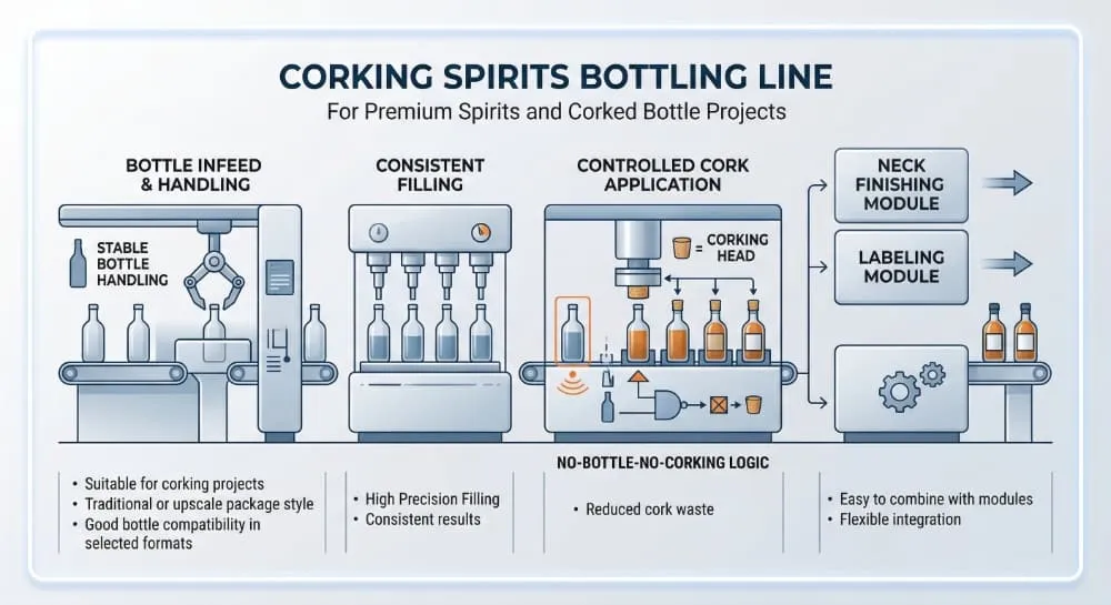 Corking spirits bottling line schematic for premium glass bottle filling corking labeling and packing