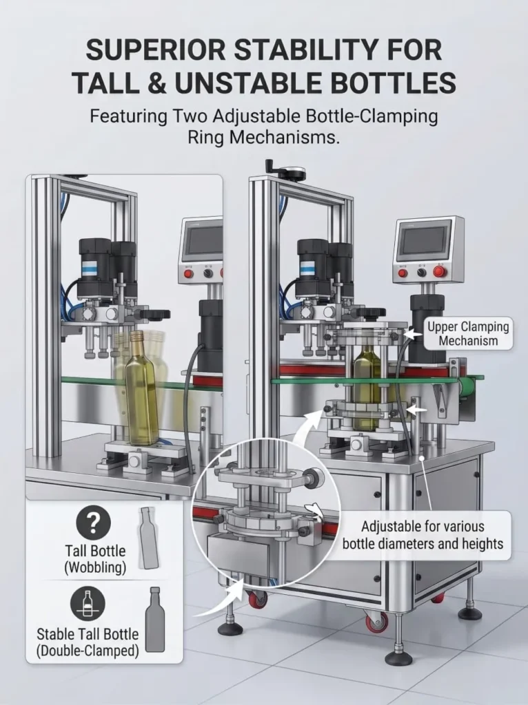 Dual bottle clamping ring structure for tall and less stable bottles