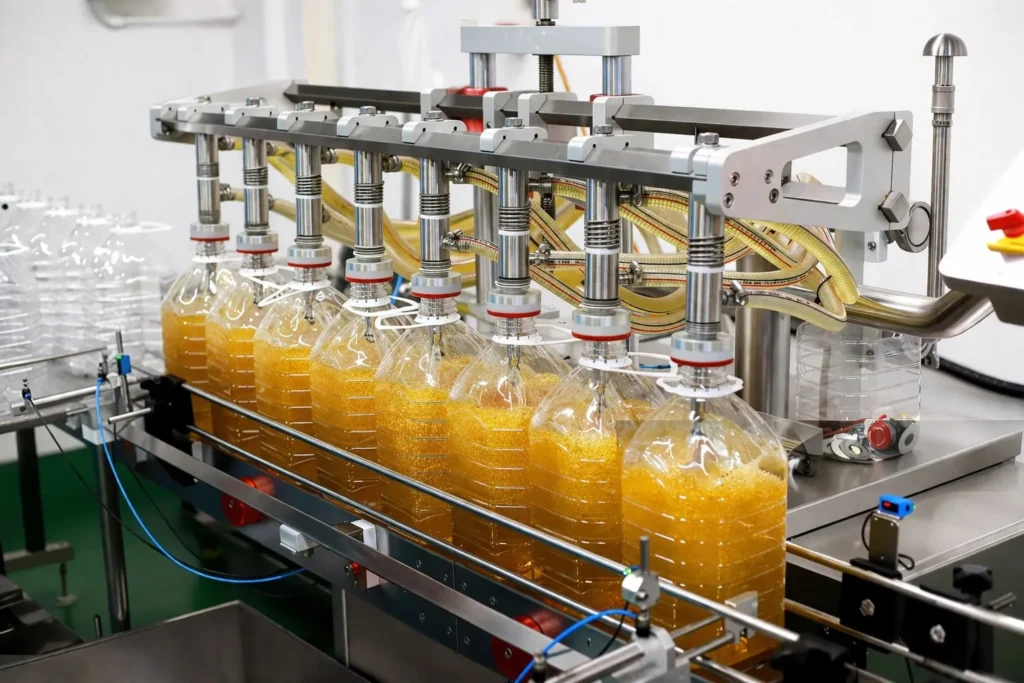 Edible oil and viscous liquid filling line with piston filling and capping systems