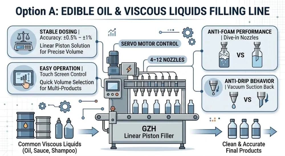 Edible oil filling line schematic with linear piston filling and downstream packaging