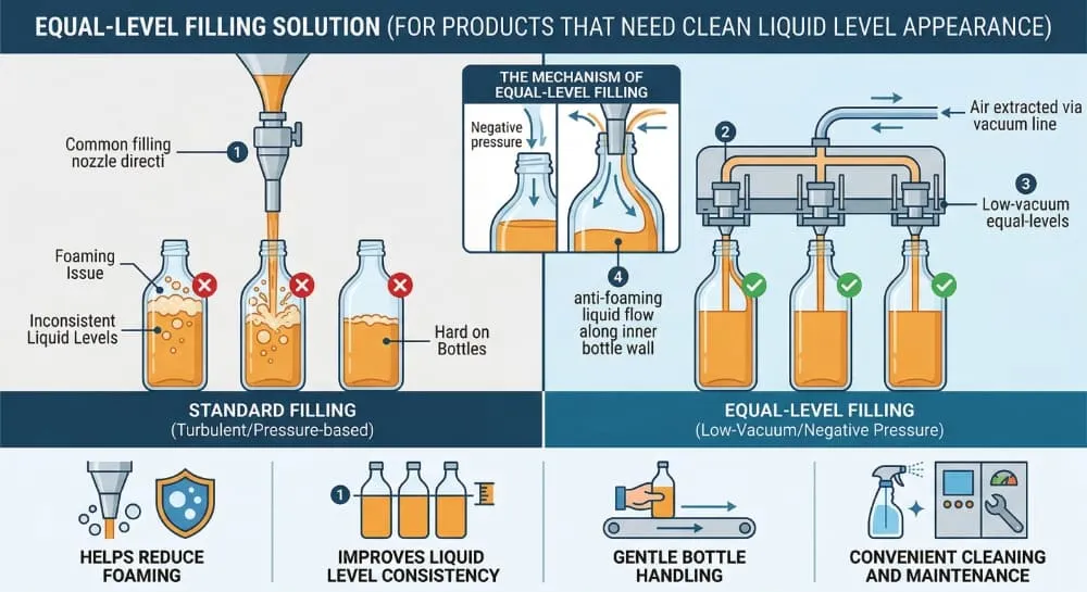 Equal-level filling schematic for alcohol bottles with reduced foaming and consistent liquid level