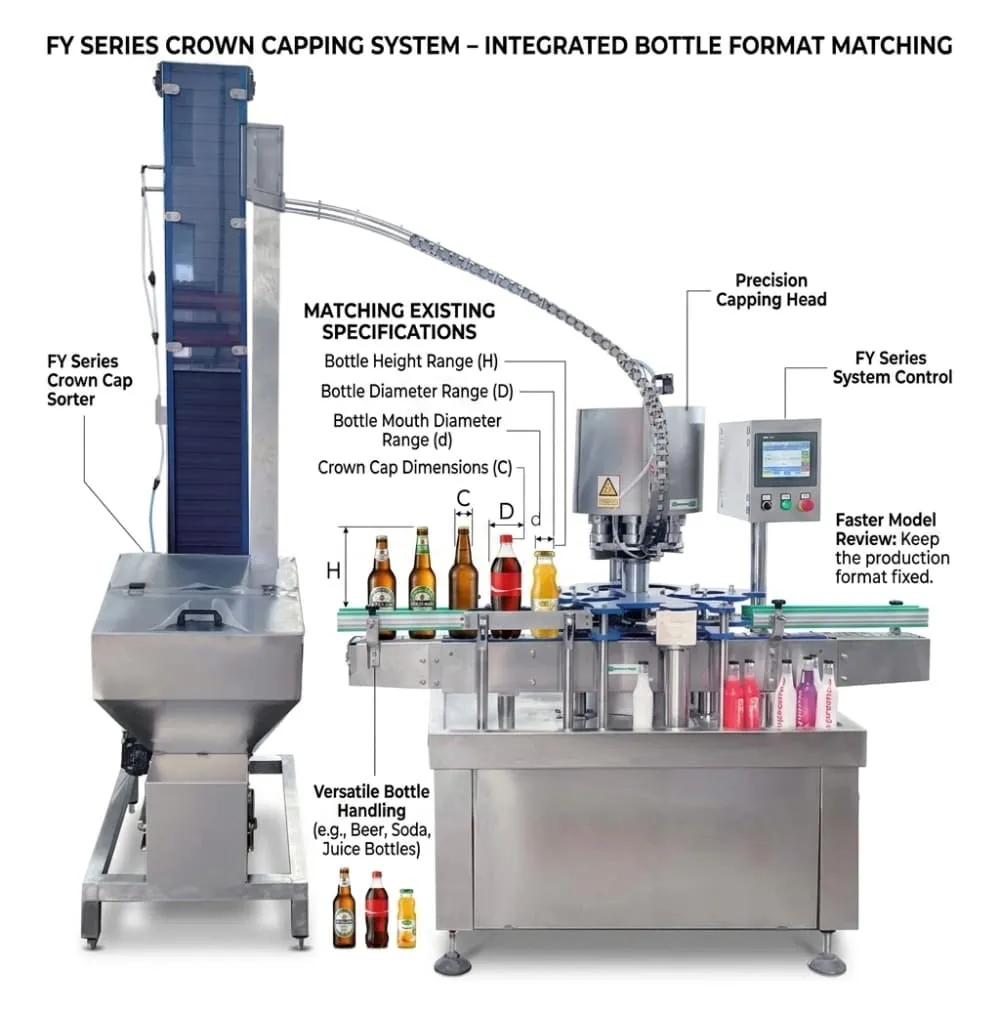 FY Series gives a clear matching range around bottle diameter, bottle height, bottle mouth diameter and crown cap dimensions