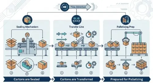 Final pack-out schematic for carton sealing coding transfer and pallet-ready output