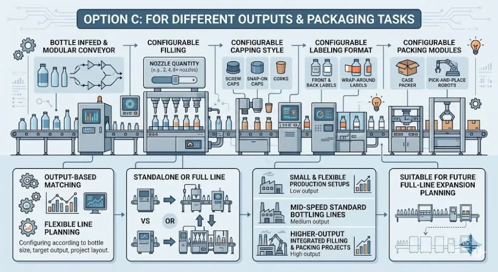 Flexible viscous liquid line schematic for different outputs and packaging configurations