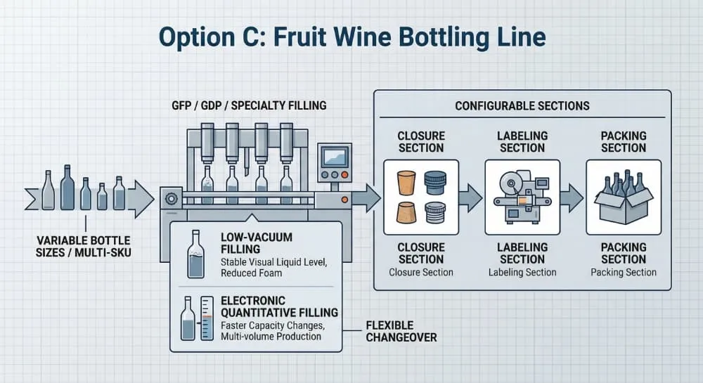 Fruit wine bottling line schematic with flexible filling method selection and packaging flow