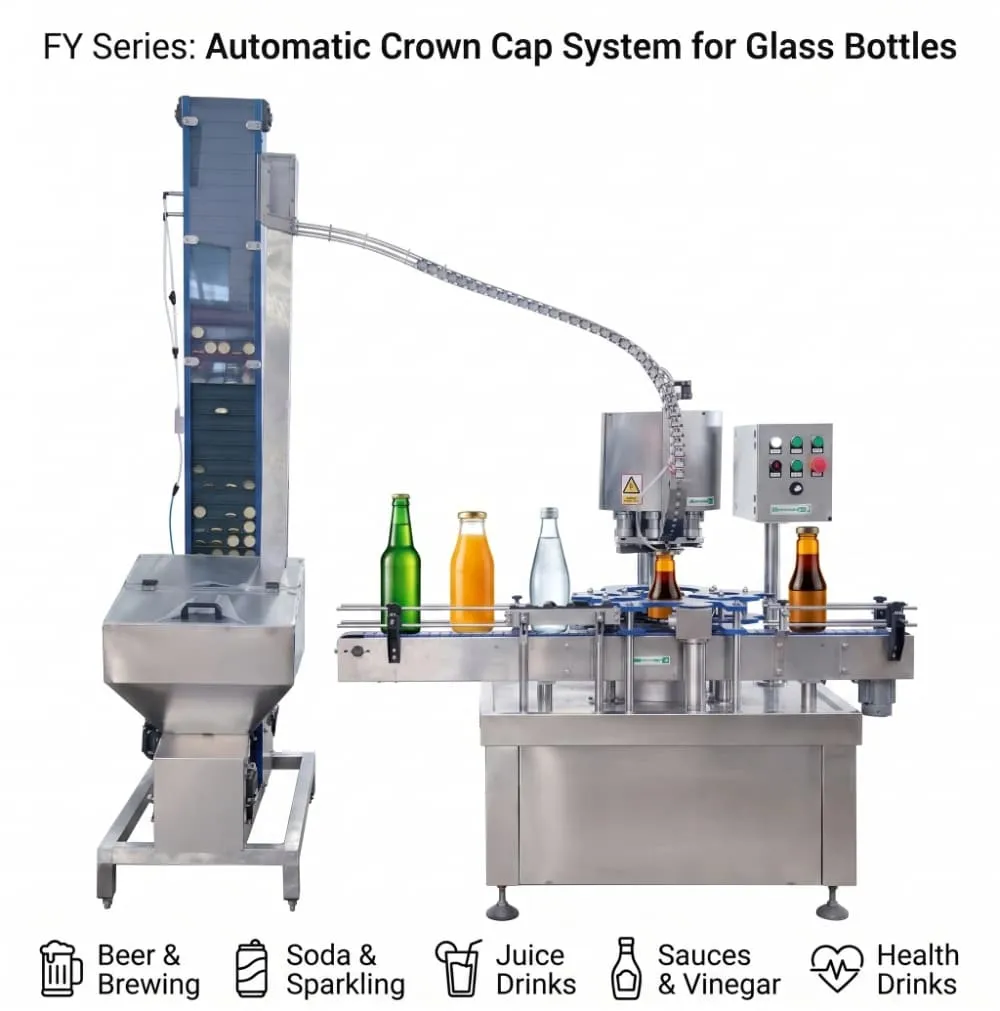 Glass bottle crown cap packaging application for FY Series crown capping machine