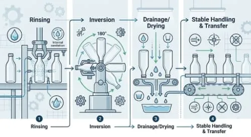 Glass bottle transfer schematic for stable rinsing before filling