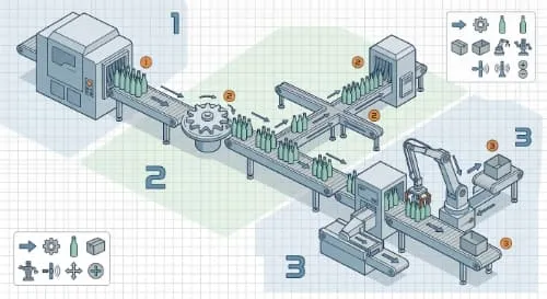 Grouped bottle discharge schematic for bottle grouping case loading and conveyor transfer