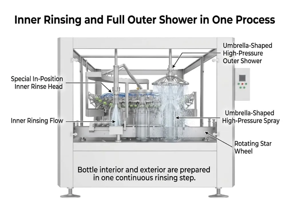 Inner rinsing and full outer shower process on QSP Series bottle rinsing machine