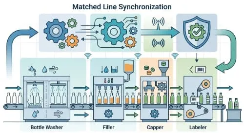 Integrated bottling line commissioning and synchronized machine operation