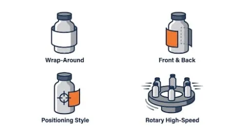 Labeling style schematic for wrap-around front-and-back positioning and rotary application