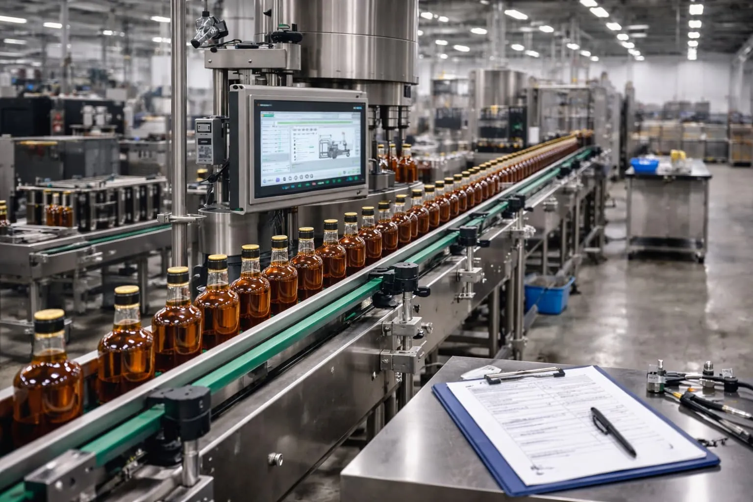 Liquid filling line running 48-hour FAT test with bottles