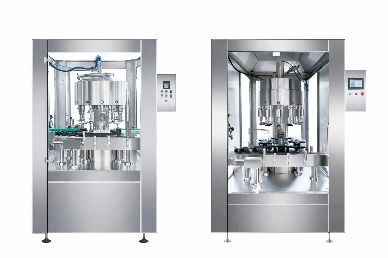 Liquid filling machines including gravity, piston, and vacuum filling systems