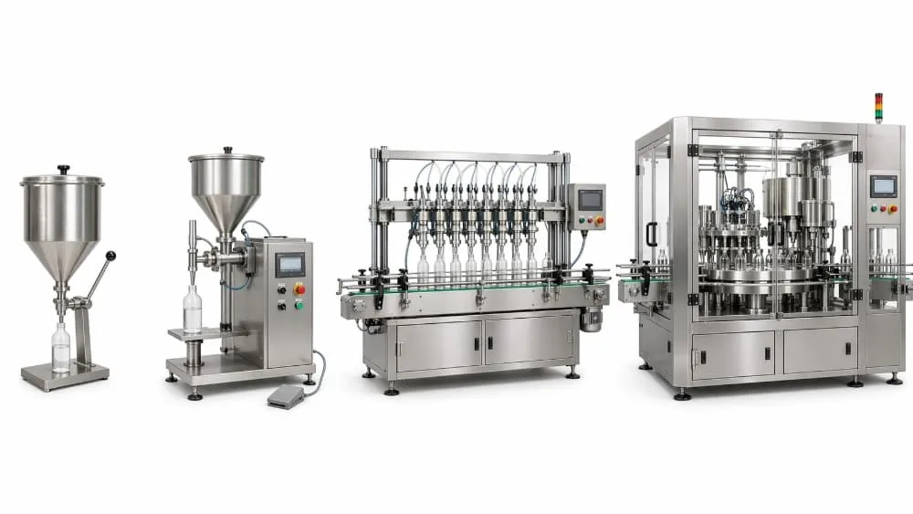 Manual semi automatic automatic and rotary liquid filling machine configurations compared visually