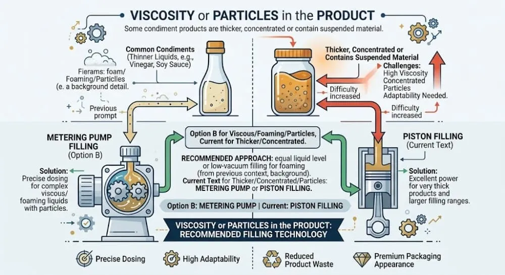 Metering pump and piston filling schematic for viscous and particle-containing condiment liquids