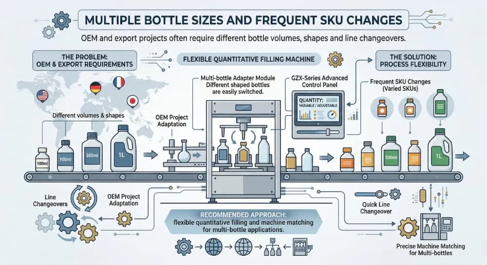 Multi-SKU condiment bottling schematic for different bottle sizes and frequent changeovers