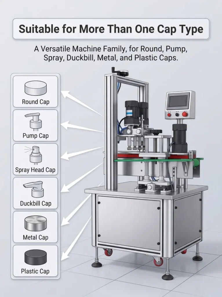 Multi-cap compatibility for round pump spray and duckbill caps on linear capping machine
