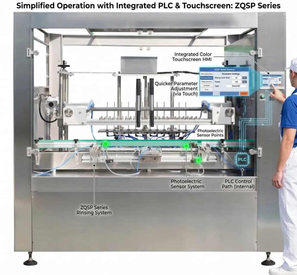 PLC control and touch screen operation on ZQSP Series linear bottle washer