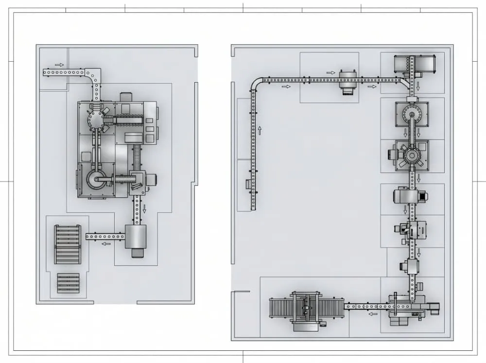 Packaging line layout comparison showing compact and full complete filling line footprints