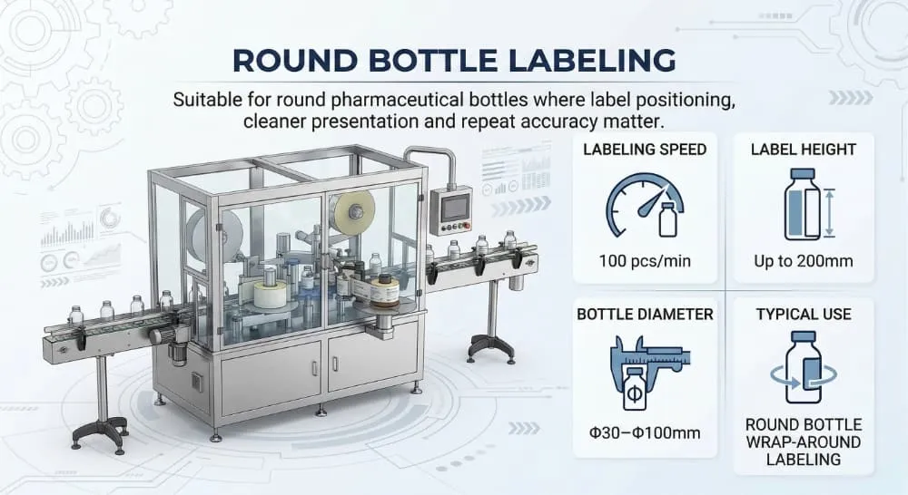 Round bottle pharmaceutical labeling schematic for wrap-around label application