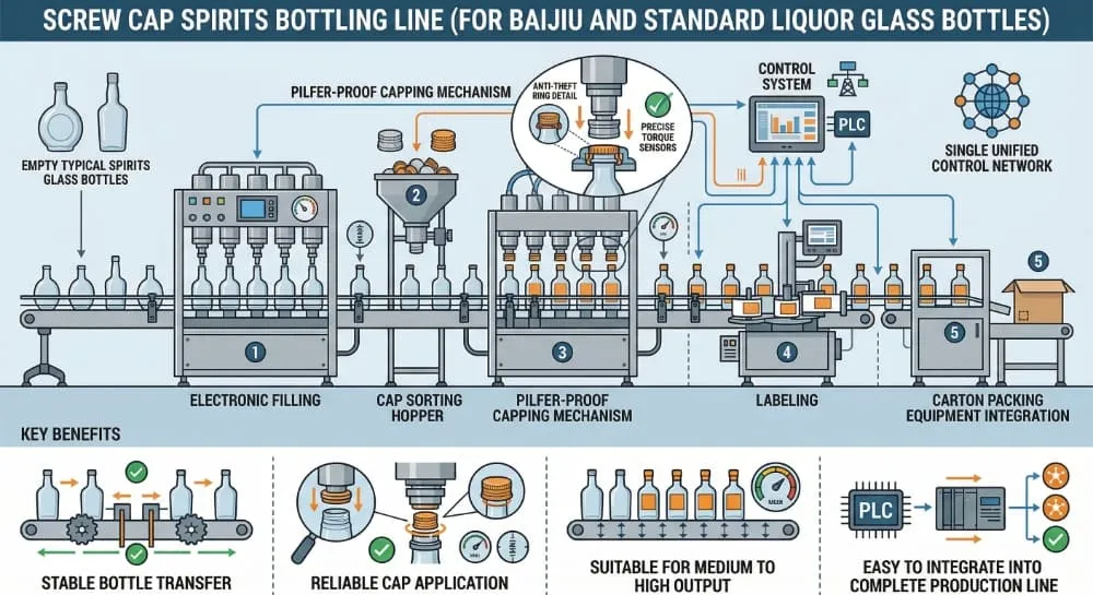 Screw cap spirits bottling line schematic for glass bottle filling capping labeling and carton packing