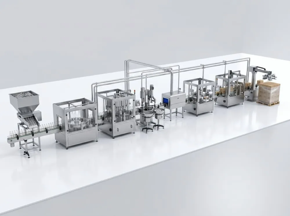 Standard bottling line process flow from bottle feeding to end-of-line packaging