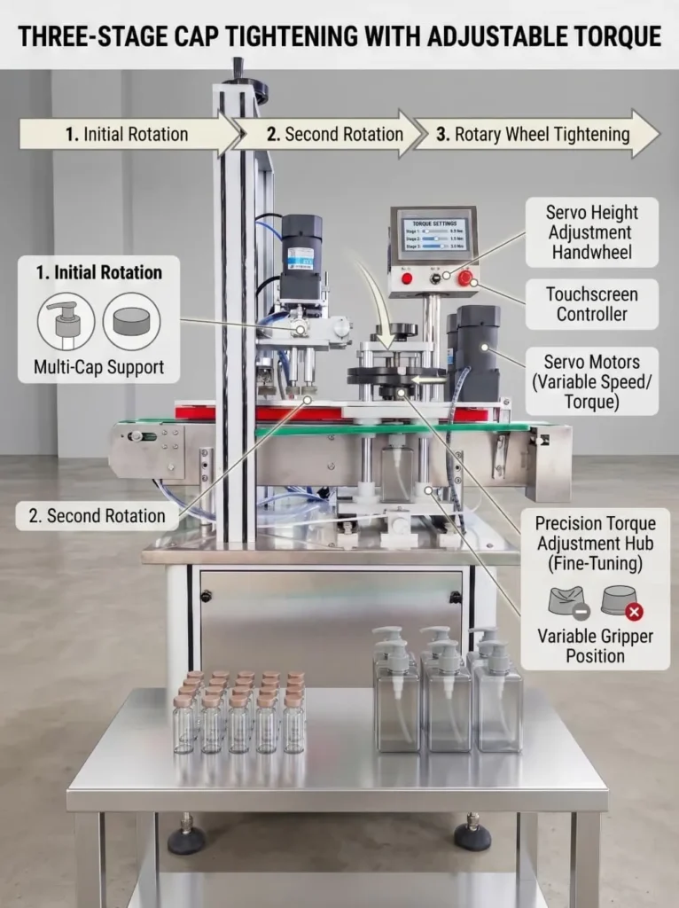 Three-stage cap tightening with adjustable torque on linear capping machine