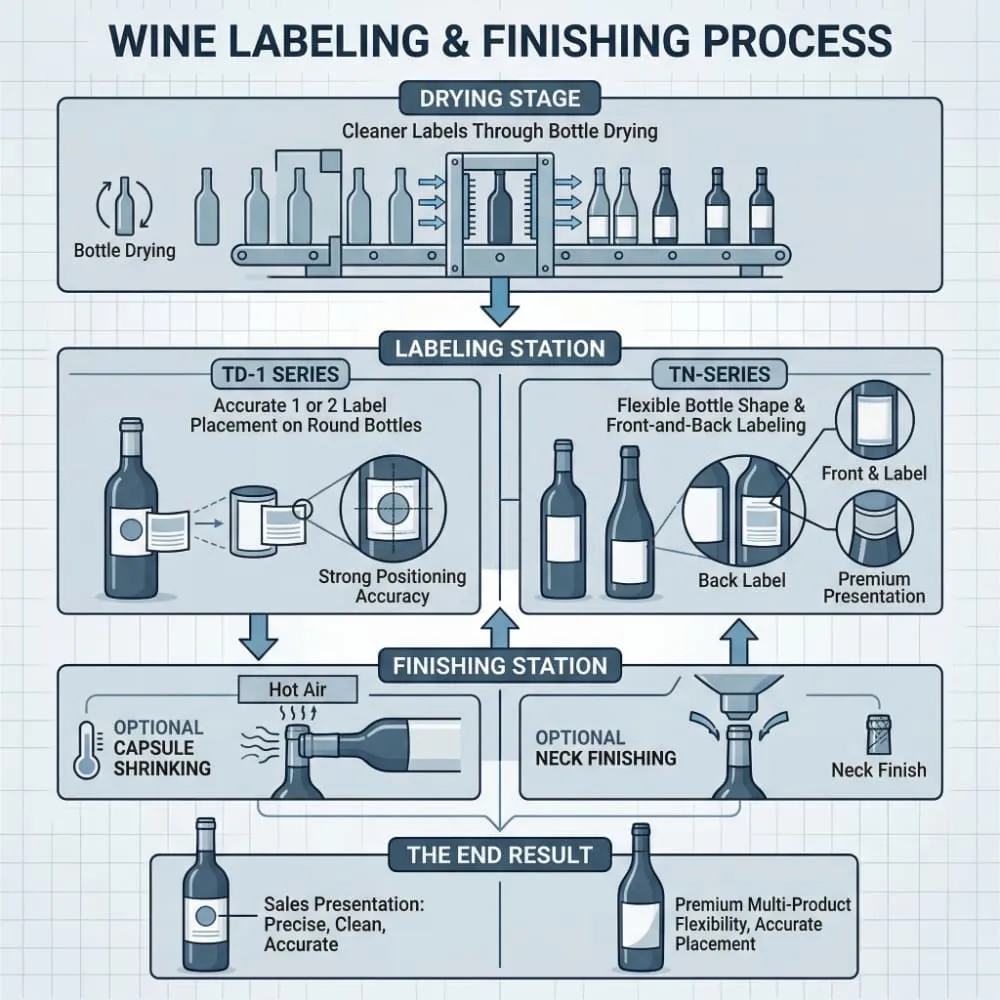 Wine labeling and finishing schematic for corked and screw cap bottles before final packing
