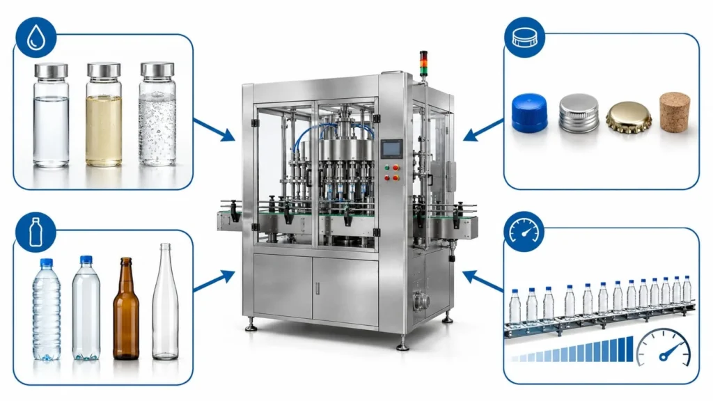 Bottle liquid cap and filling method compatibility for beverage filling machine selection