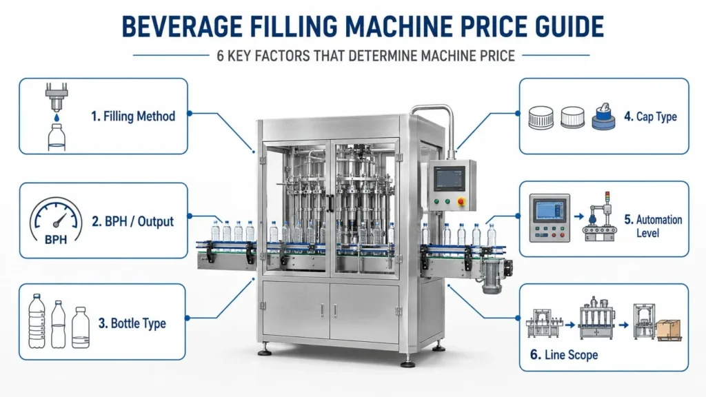 Beverage filling machine price factors including filling method, BPH, bottle type, cap type and line scope