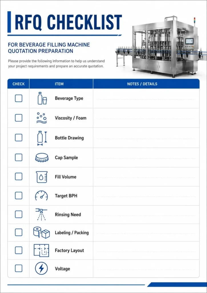 RFQ checklist for beverage filling machine price quotation