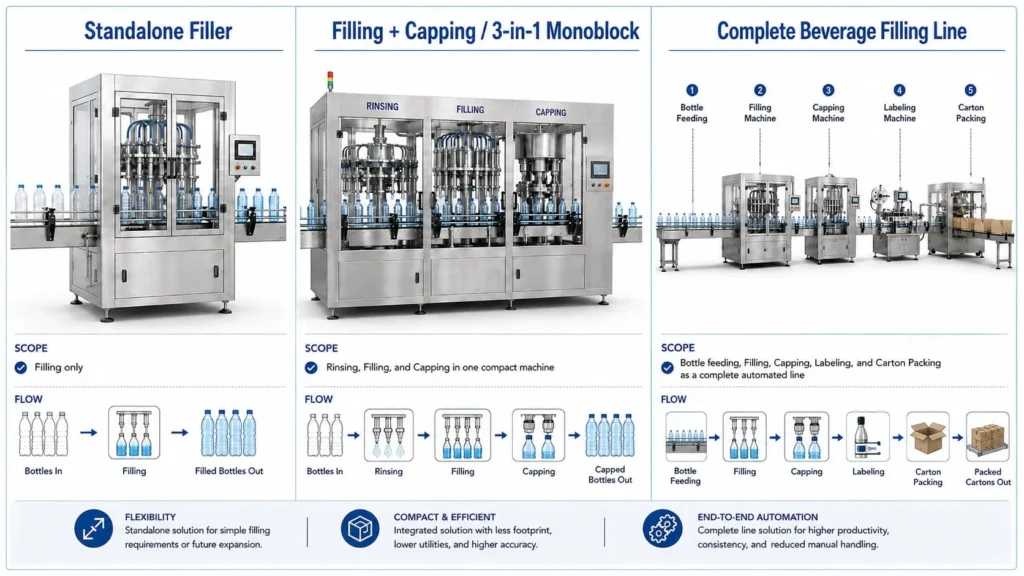 Standalone filler monoblock and complete beverage filling line cost comparison diagram