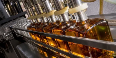 Alcohol and spirits bottling line for glass bottle filling, capping, and packaging