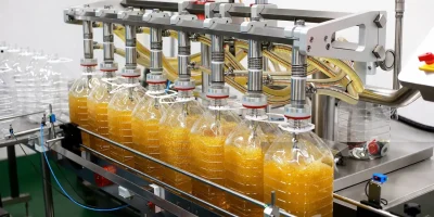 Edible oil and viscous liquid filling line with piston filling and capping systems