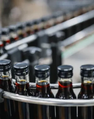 Integrated condiment filling line with rinsing filling capping and end-of-line packaging