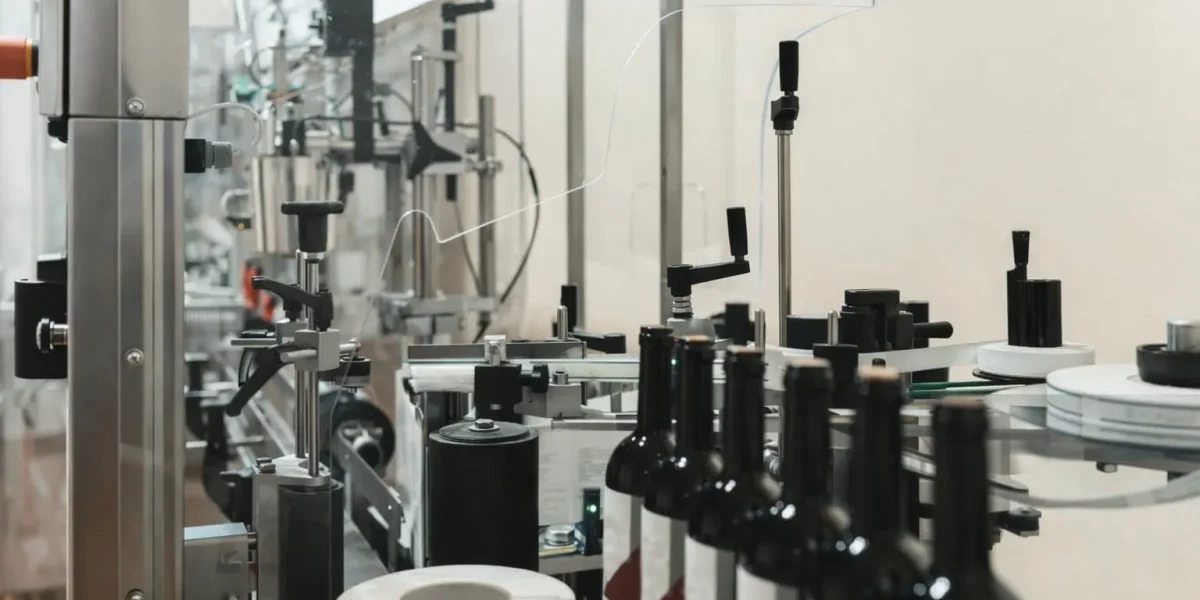 Liquid bottling line layout with labeling filling capping and end-of-line equipment