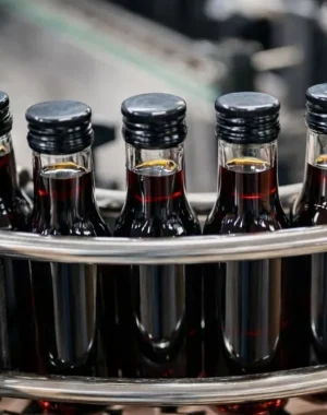 Soy sauce and vinegar bottling scene with filling capping labeling and packing