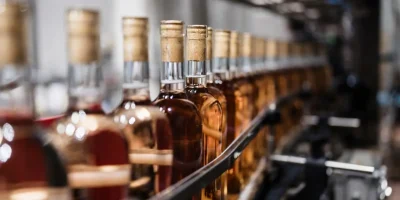 Wine bottling line with rinsing, filling, capping, labeling, and packing equipment
